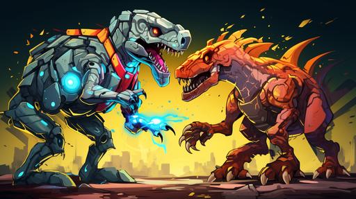 a robot dinosaur fighting a robot bull cartoon style with vibrant colors --ar 16:9