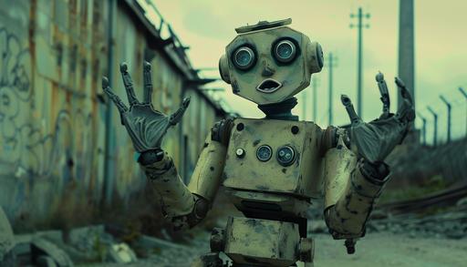 a robot shrugging with its hands up in the air. The backdrop is post-apocalyptic with muted tones --ar 7:4