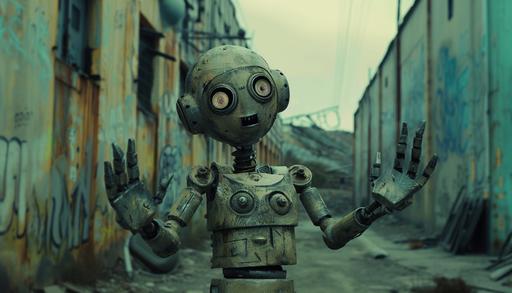 a robot shrugging with its hands up in the air. The backdrop is post-apocalyptic with muted tones --ar 7:4