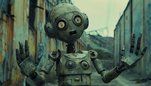 a robot shrugging with its hands up in the air. The backdrop is post-apocalyptic with muted tones --ar 7:4