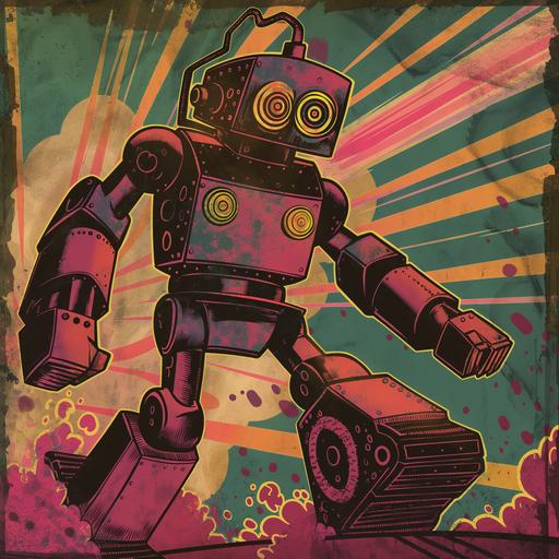 a robot with laser arms and a menacing head with tank tread for feet, in the style of a 1950s comic book cartoon drawing, vivid colors, moody dark vibes --v 6.0