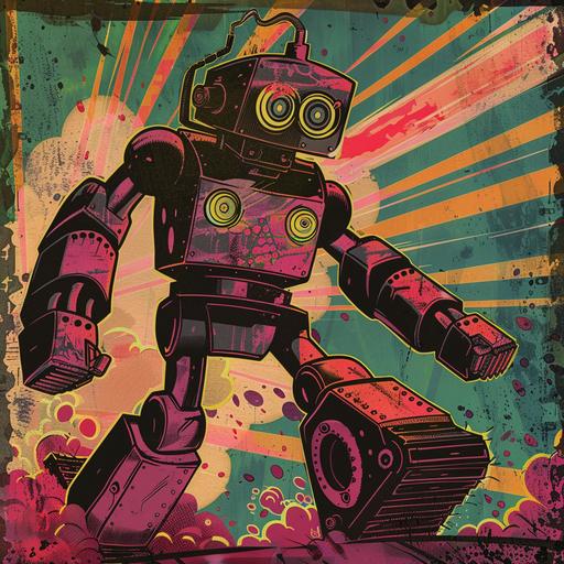 a robot with laser arms and a menacing head with tank tread for feet, in the style of a 1950s comic book cartoon drawing, vivid colors, moody dark vibes