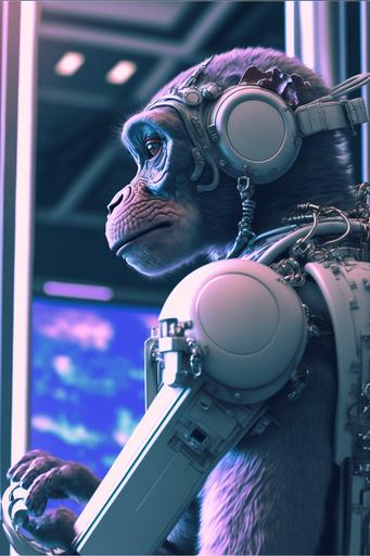 a robotic cybernetic vaporwave monkey, side profile, standing on the deck of a space station, wide angle, ultra detailed, depth of field, photo realistic, 4k, UHD, photorealism, award winning --ar 2:3
