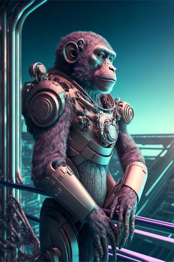 a robotic cybernetic vaporwave monkey, side profile, standing on the deck of a space station, wide angle, ultra detailed, depth of field, photo realistic, 4k, UHD, photorealism, award winning --ar 2:3