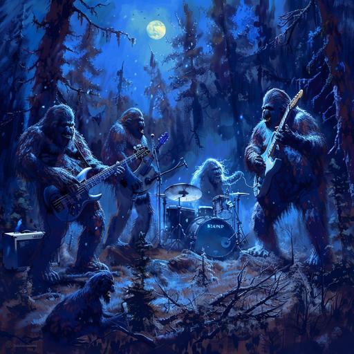 a rock band made up of bigfoot, playing a concert in the woods at night in a hyper realistic style