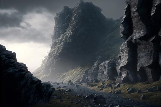 a rocky steep cliff environment, grey cloudy sky, godrays, foggy natural lighting, hyper detailed, Cinematic photography, octane render, hyper realistic, 8k, unreal engine render --ar 3:2 --v 4 --q 2