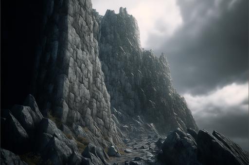 a rocky steep cliff environment, grey cloudy sky, godrays, foggy natural lighting, hyper detailed, Cinematic photography, octane render, hyper realistic, 8k, unreal engine render --ar 3:2 --v 4 --q 2
