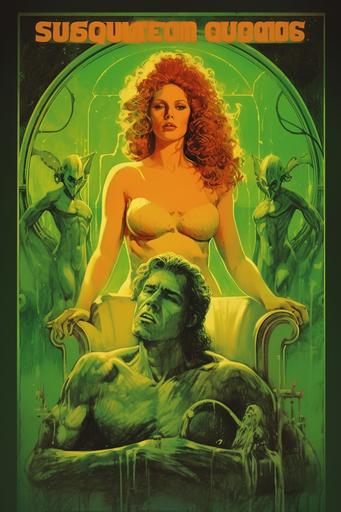 a romantic night at the solarium , Jesus and Medusa, in the style of occultist draftsman, dark amber and green, luminous shadowing, bold character designs, dau al set, quietly morbid, saturno butto, style of 1980s romantic comedy movie poster:: --ar 2:3