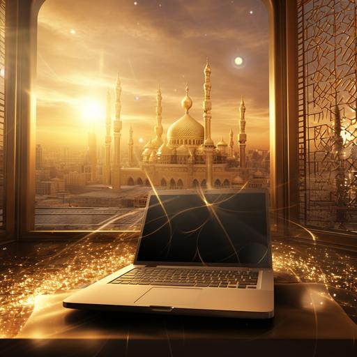 a room full of gold with the laptop in the middle and through the window of the room you can see a mosque