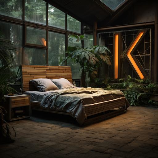 a room on forest house for photography, the objects refer to analog photography, and the colors are in metal and wood, the headboard of the bed has the letter K, architecture project, realistic photo, documentary photography