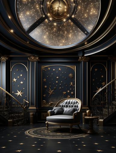 a room with a decorative ceiling and gold star decor, celestial balustrades, in the style of cybermysticsteampunk, chalk art, tattoo-inspired, y2k aesthetic, wiccan, hand-painted details, light gray and dark black --ar 3:4 --s 250