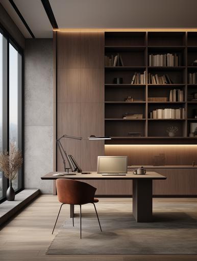 a room with a large brown bookcase and a desk, in the style of minimalistic japanese, naturalistic renderings, texture-rich surfaces, beijing east village, beige, dark gray and brown, wood --ar 3:4