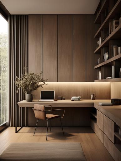 a room with a large brown bookcase and a desk, in the style of minimalistic japanese, naturalistic renderings, texture-rich surfaces, beijing east village, beige, dark gray and brown, wood --ar 3:4