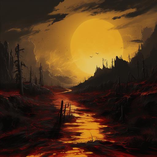 a rotten world of coniferous infectious landscape, yello moon, dark moody, reds blacks and yellow digital oils --s 150 --w 20 --chaos 15