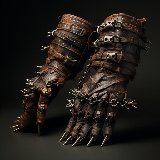 a rough set of leather gauntlets, spikes and chains