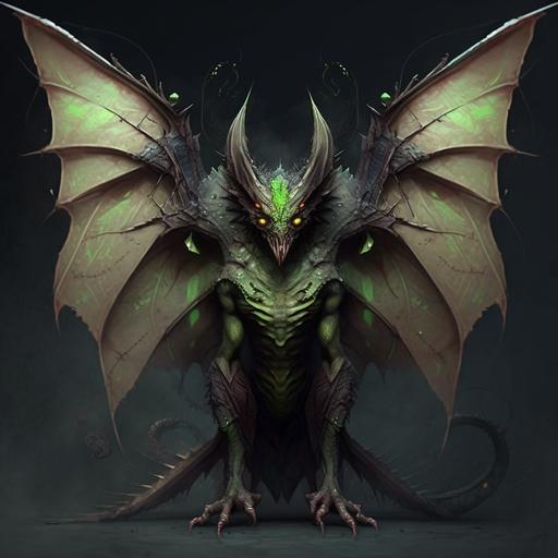 a round armless creature of darkness. six wings with damaged membrane. also the body is covered with many horns, an evil look with cat-like green eyes, a mouth with many sharp teeth. --q 2