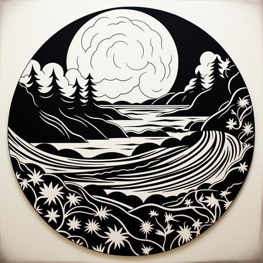 a round black and white stencil keweenaw vortex lake superior cartoon fantasy style annie clemenc unions