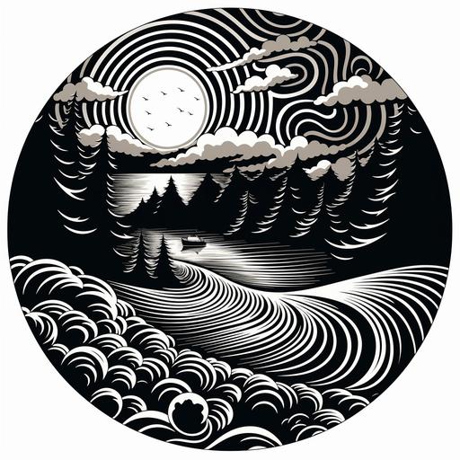 a round black and white stencil keweenaw vortex lake superior cartoon fantasy style annie clemenc unions