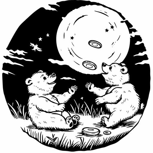 a round black and white stencil no shading coloring book page with two cartoon bears working together to catch flying frisbees under a full moon