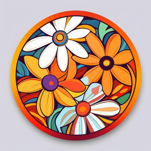 a round flat sufrace painted in britto art, yellow, white, beige, orange, daisy flowers with background with very colorful vivid colors --ar 3:3