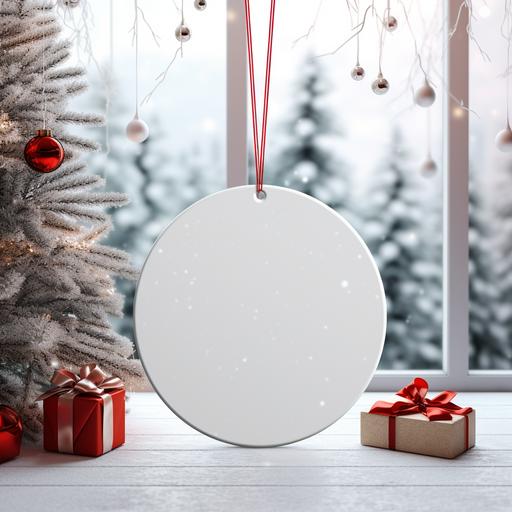 a round white christmas hanging mockup with a red ribbon, christmas tree on the background