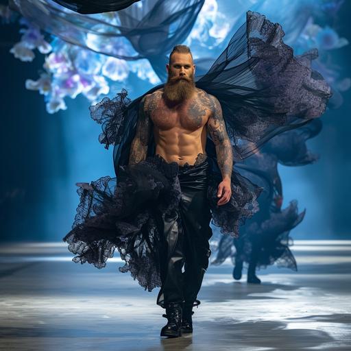 a ruggedly handsome bulky bearded butch 35 yo man, muscled and tattooed, a hairy chest, walks a fashion show runway in tight black leather outfit and floating translucent black blue lace draped like big floral structures s if it was a black tulip --v 6.0