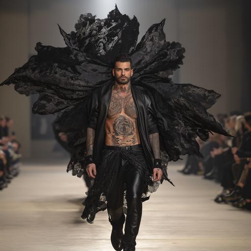 a ruggedly handsome bulky butch 35 yo man, muscled and tattooed, walks a fashion show runway in tight black leather outfit and lace draped like big floral structures s if it was a black tulip --v 6.0