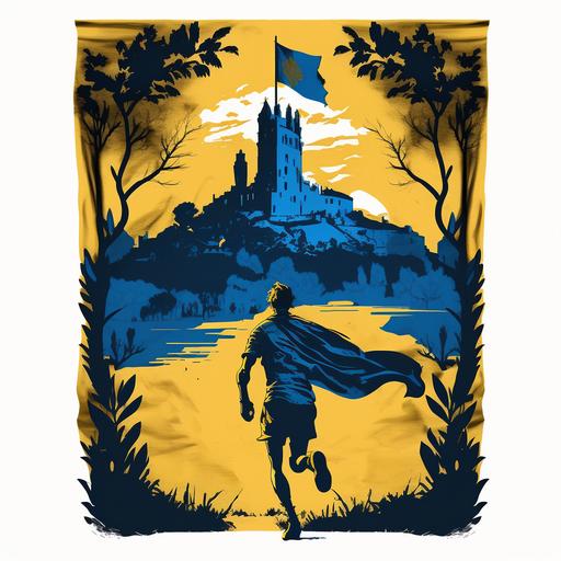 a runner silhouette from the back, in hero poses, wearing blue and gold, holding a long flag blue and gold, outdoors of lemon trees, a medieval castle in top of a hill in the background, realistic, soft glow lighting, vivid