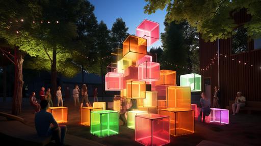 a rural town's greenspace with brightly colored glowing cubes to sit on --ar 16:9