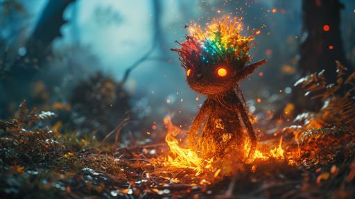 a rustic bonfire monster with cute anime eyes and rainbow glow mohawk, curves --ar 16:9 --v 6.0 --s 250