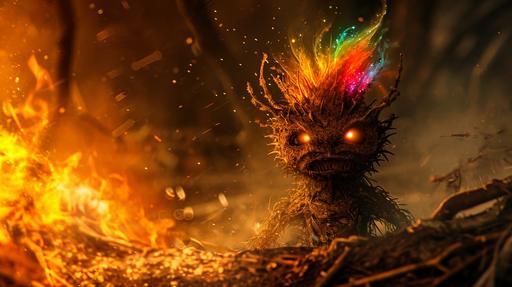 a rustic bonfire monster with cute anime eyes and rainbow glow mohawk, curves --ar 16:9 --v 6.0