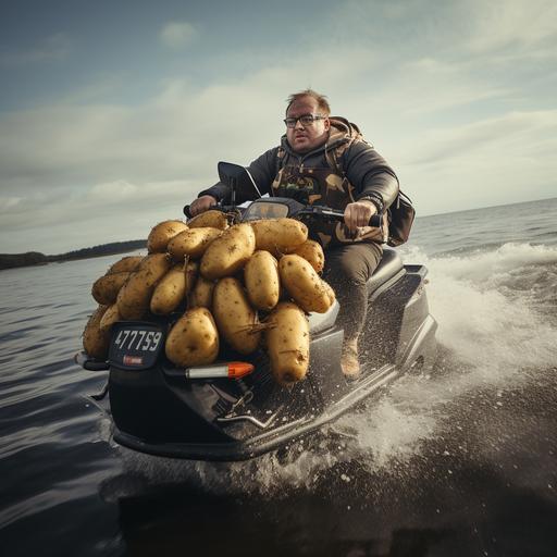 a sack of potatoes, riding on a jetski