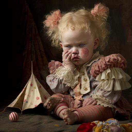 a sad baby girl clown with blonde wisps of hair. She is wearing worn clothes: a lacy colorful dress and pantaloons. Her cheeks are rosy and her nose is painted red. She is crawling out from material that once was a circus tent. She has small animals around her, a mouse, a rabbit, and a raccoon. There are remnants of popcorn and circus signs. 1959