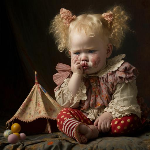 a sad baby girl clown with blonde wisps of hair. She is wearing worn clothes: a lacy colorful dress and pantaloons. Her cheeks are rosy and her nose is painted red. She is crawling out from material that once was a circus tent. She has small animals around her, a mouse, a rabbit, and a raccoon. There are remnants of popcorn and circus signs. 1959