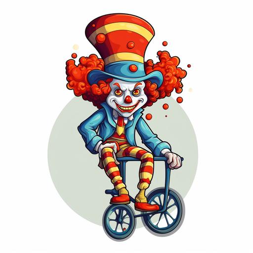 a sad clown juggling on a unicycle who wears a funny pointy striped hat and has red curly sticking out from under the hat in cartoon sticker design