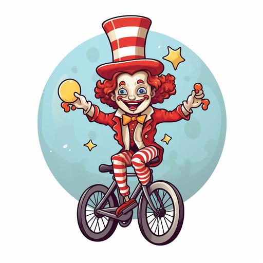 a sad clown juggling on a unicycle who wears a funny pointy striped hat and has red curly sticking out from under the hat in cartoon sticker design