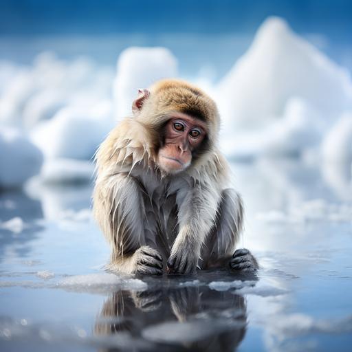 a sad monkey shivering on some floating ice in Antarctica.