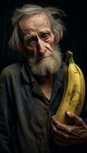 a sad old man holding a moldy soft banana --ar 4:7 --q 2 --s 50