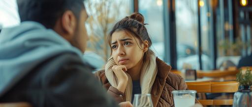 a sad woman sitting in a open area cafe, her friend sitting next to her talking, supporting her, sideview, Arabic features, Recovering, Modern, high resolution, Extremely clear, ultra-real, extremely detailed, Couple, Arabic features, Recovering, Husband and wife, An ultra-realistic photograph captured with a Sony α7 III camera, equipped with an 85mm lens, portraying ,The image, shot in high resolution, daylight, captures the subject’s natural beauty and personality with stunning realism, --ar 21:9 --v 6.0