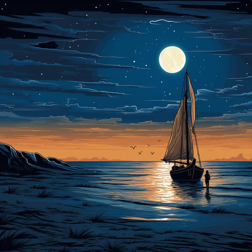 a sailboat on a starry night, calmly drifting away in the horizon, night, cartoon, beach with camel