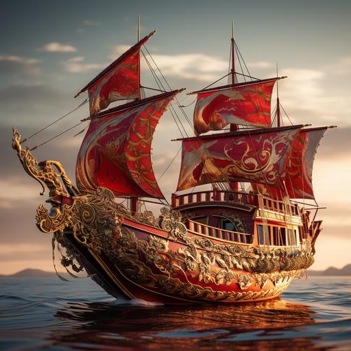 a sailing ship shapped like a chinese dragon with red and gold paint, red and gold colored, dragon ship, chinese sailing vessel