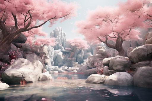 a sakura tree forest with pale pink tones, meadow, rock boulders and water realistic photography, octane render --ar 3:2