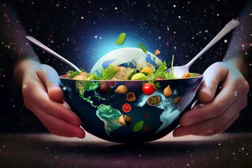 a salad bowl full of planets and stars, hands of god holding salad forks and picking up the earth --v 5 --c 30 --s 888 --ar 3:2 --upbeta