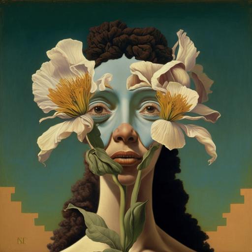 a salvador dali painting of a young madame becoming a bearded white iris flower