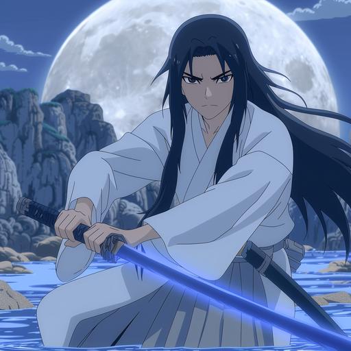 a samurai with dark katana, he is fighting in river at moon blue night, he have a blue fire abilty --style raw --sref  --s 750