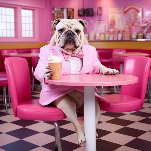 a sanding happy bulldog, the happy bulldog suits is like Ken, the boyfriends Barbie Movie, the background is pink with things pink, like movie of Barbie, the bulldog have a burger on one of his hands, the bulldog is situated in a room like Barbie movie
