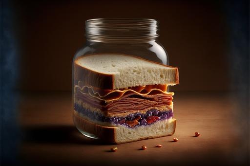 a sandwich that consists of a single warmed, hollowed-out loaf of bread filled with the contents of one jar of creamy peanut butter, one jar of grape jelly, and a pound of bacon, hyper detailed and hyper realistic, proffesional product photo, 50mm dynamic cinematic exposure, photo realistic --ar 3:2 --v 4 --q 2