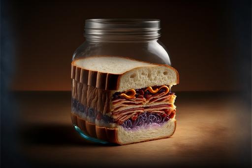 a sandwich that consists of a single warmed, hollowed-out loaf of bread filled with the contents of one jar of creamy peanut butter, one jar of grape jelly, and a pound of bacon, hyper detailed and hyper realistic, proffesional product photo, 50mm dynamic cinematic exposure, photo realistic --ar 3:2 --v 4 --q 2