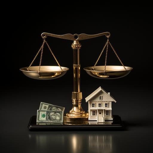 a scale, unevenly balanced, above left plate a house icon tilting it downwards, above right plate a floating dollar sign, black background, emphasis on the imbalance of the scale, hyper realistic representation, detailed nuances and textures, shot with Nikon D850, using 85mm lens, aperture set at f/1.8 for depth of field effect, close-up composition capturing the intricate details, evoking real-life drama and tension