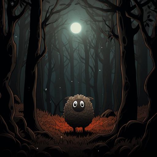 a scared sheep facing back lost in dark woods, line illustration, cartoon,webtoon style